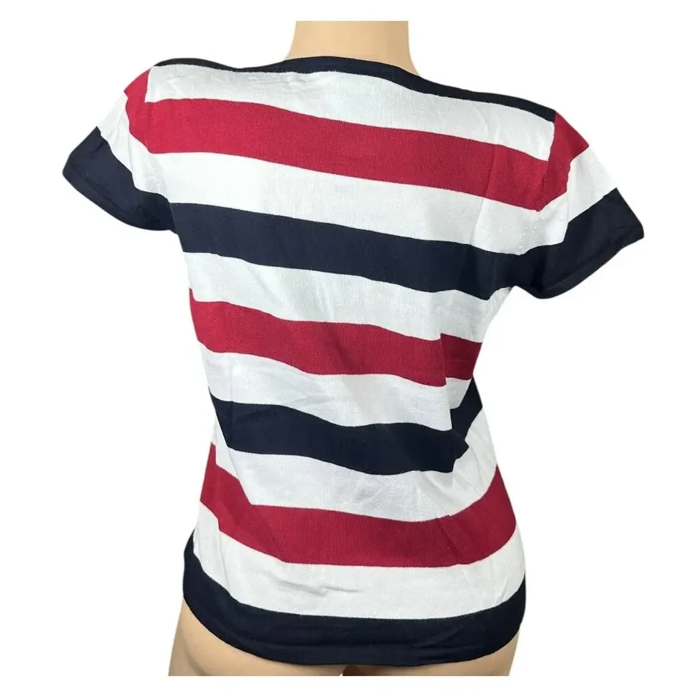 Vtg TALBOTS‎ Red White Blue Stars Stripes 2 Pc Cardigan Sweater Set Patriotic S